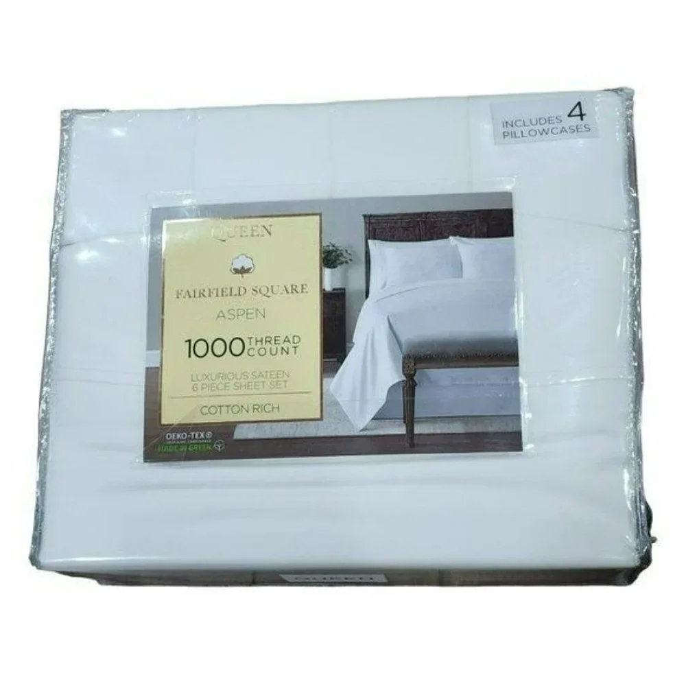 Queen Size 1000 Thread Count Cotton Rich Luxurious Sateen White Sheet Set 6 pcs